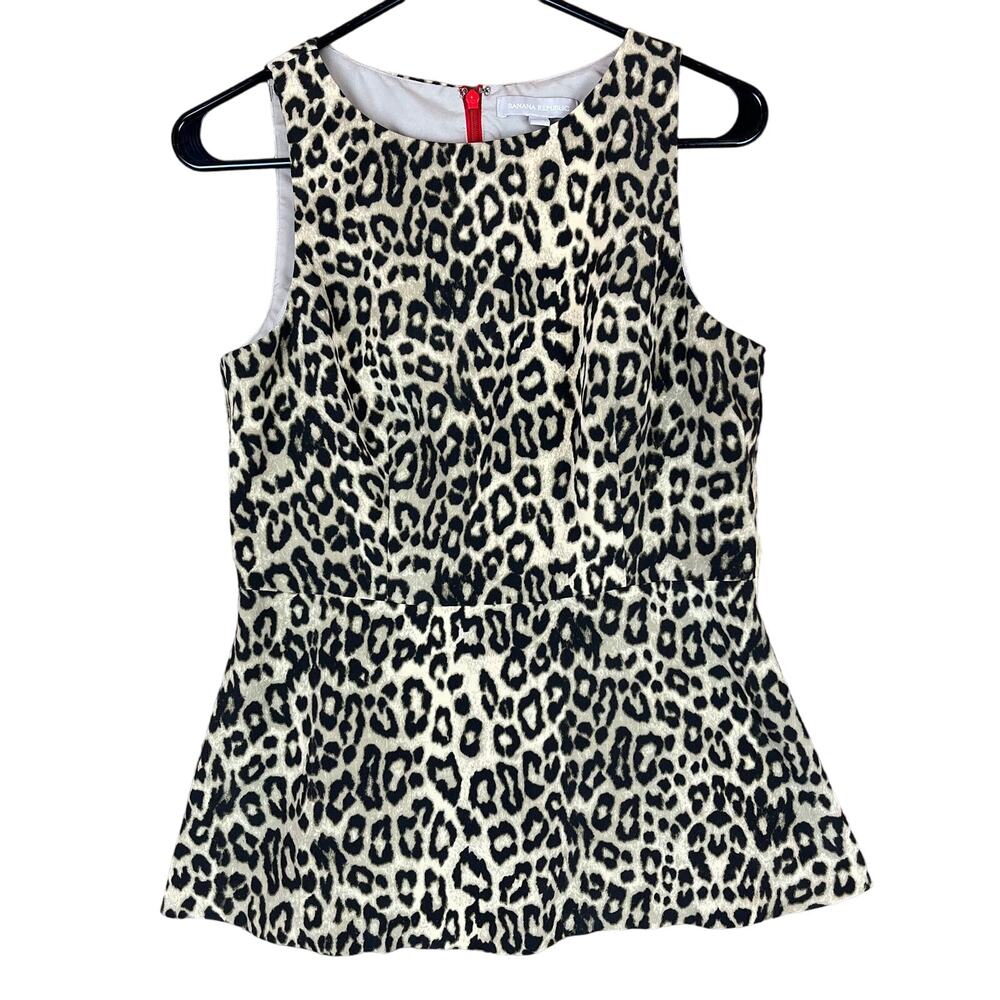 Banana Republic Black and Cream Leopard Print Sleeveless Peplum Top